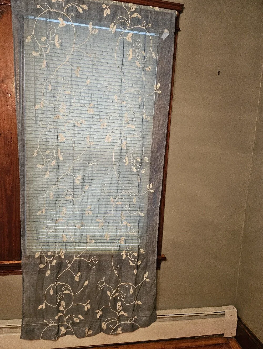 Light Blue Sheer Curtain Panel with Cream Vine Embroidery - Home Accents